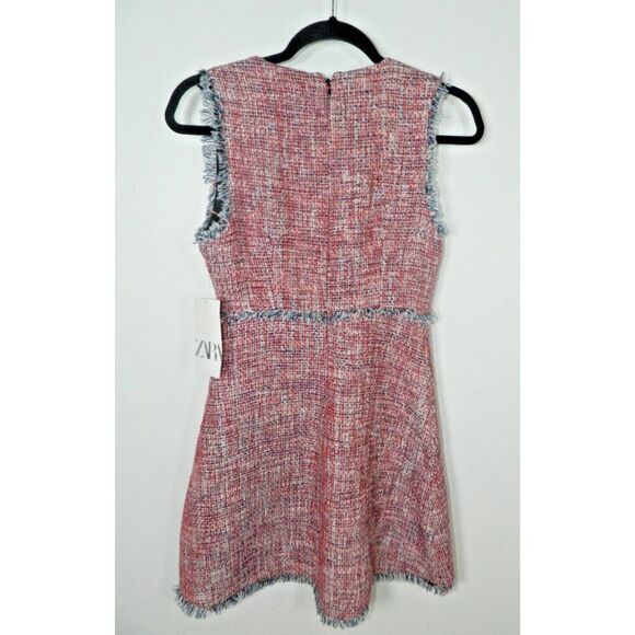 Zara Dress Size X-Small Red Blue Tweed Fringe Pocket Sleeveless Frayed Trim - Picture 3 of 13